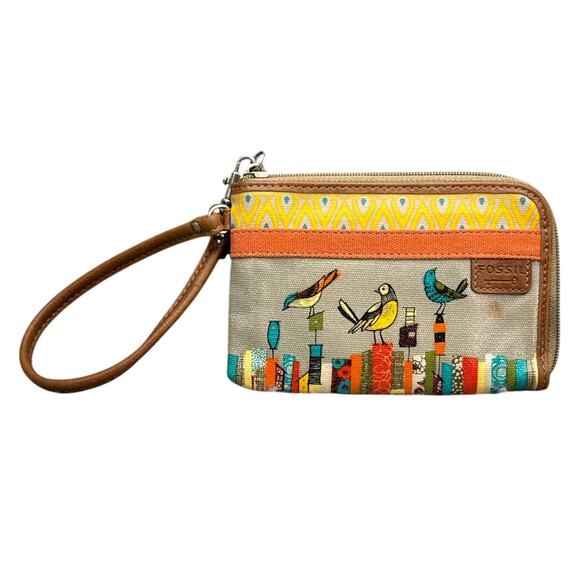 Fossil Key-Per Yellow Blue Bird Print Zip Around Wallet - Picture 1 of 6